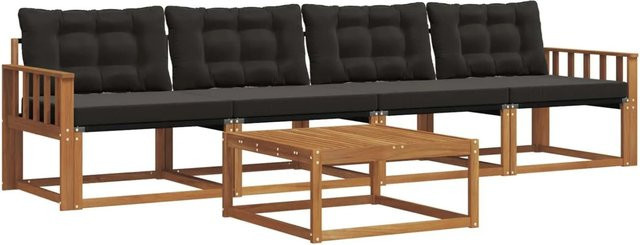 vidaXL Outdoor-Sofagarnitur 5-teilig aus Akazienholz und Textilene in Natur und Schwarz mit Kissen und Tisch - Bild 1