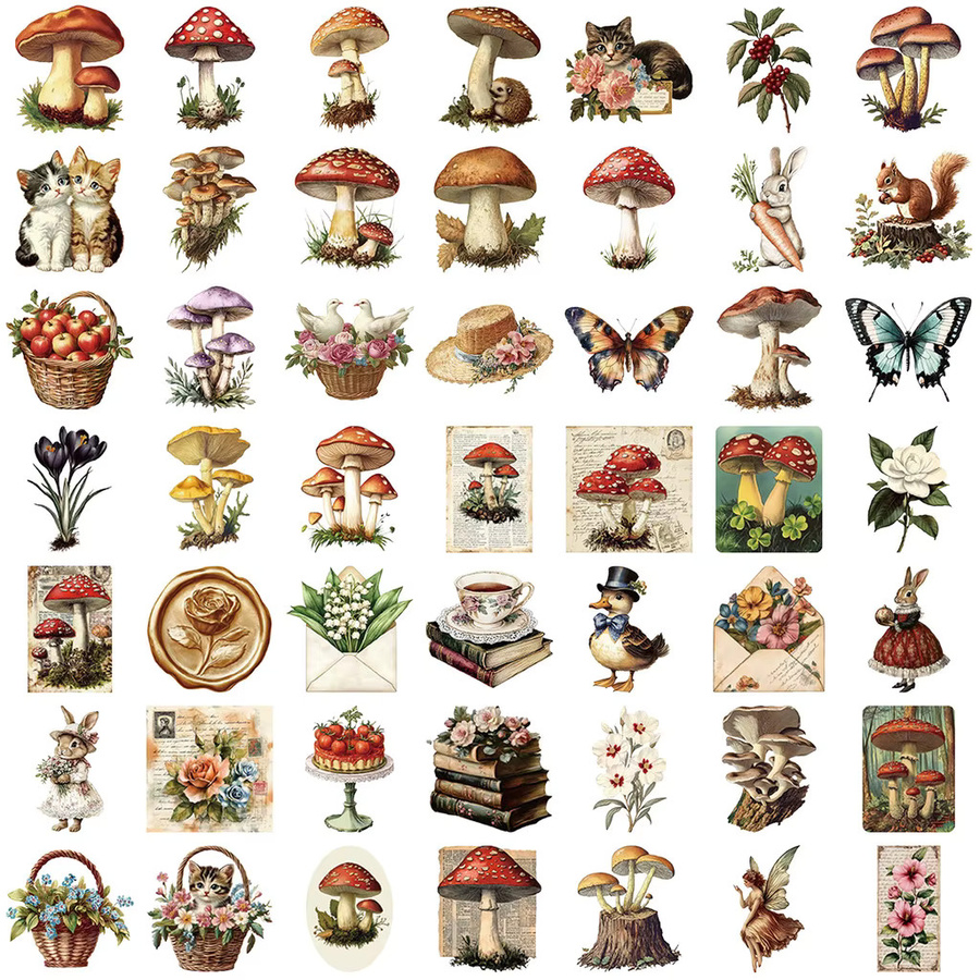 50 Stück Vintage Pilz Aufkleber von YourLife Store, wasserfeste transparente PET Sticker für Scrapbooking und Dekoration, Mehrfarbig - Bild 2