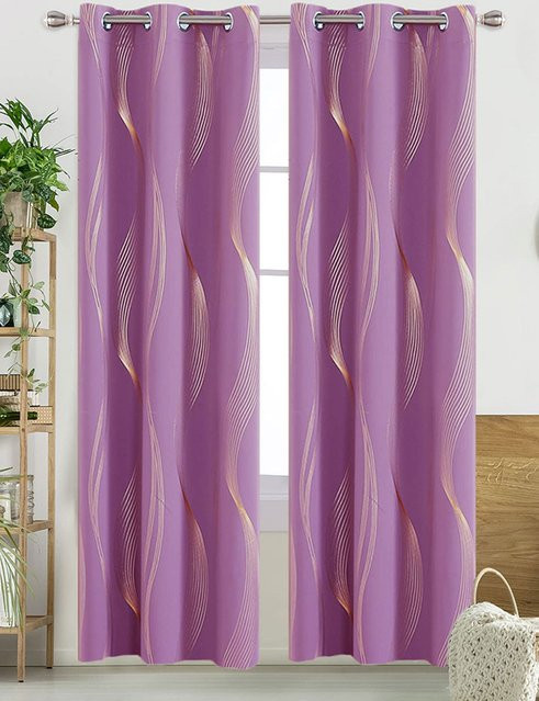 EASHION Verdunkelungsvorhänge mit goldenem Wellenmuster in Lila, wärmeisolierend und geräuschreduzierend, Ösenvorhänge, Breite: 60 cm, Höhe: 130 cm - Bild 1