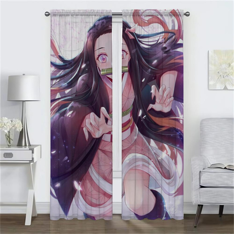 Demon Slayer Tüll-Vorhänge für das Kinderzimmer, 2er-Set, halbtransparent, Mehrfarbig, B: 50 cm, H: 70 cm - Bild 1