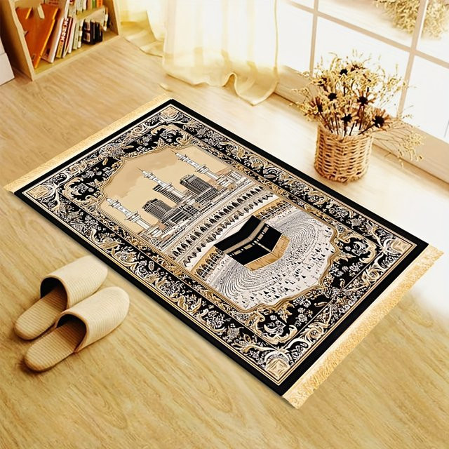 VIKAMA Luxus-Gebetsteppich mit Quasten, rutschfest und faltbar, orientalisch klassisches Design in Schwarz - Bild 1