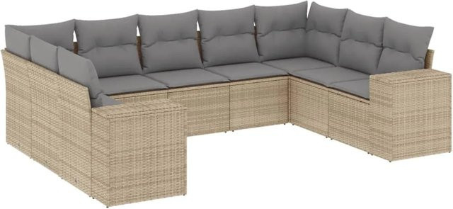 vidaXL 9-teilige Garten-Sofagarnitur in L-Form aus Poly-Rattan in Beige und Grau mit Sitzkissen und Rückenkissen - Bild 1
