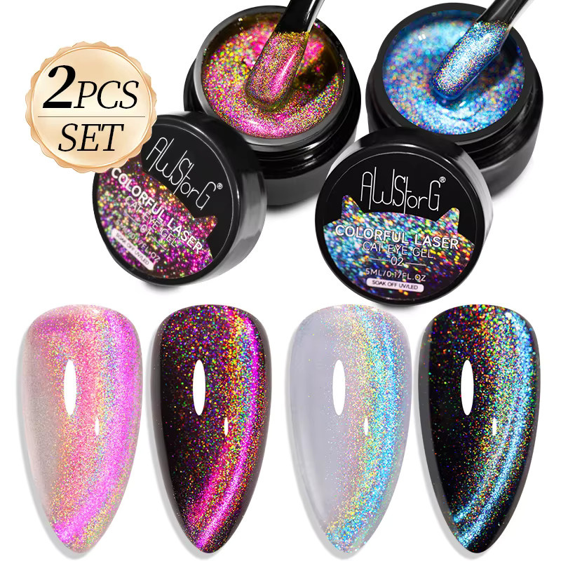 AWStorF Cat Eye Magnetgel Nagellack, 2 Stück/Set, 5 ml, blau rosa Regenbogen - Bild 1