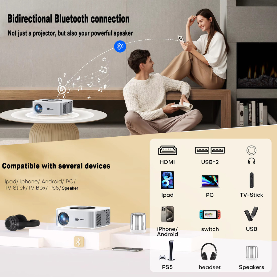 XIWBSY Autofokus-Projektor mit 1000 ANSI Lumen, Android-System, Bluetooth 5.2 und 4K/8K Video- und Audiodekodierung, Tragbares Heimkino in Weiß - Bild 6
