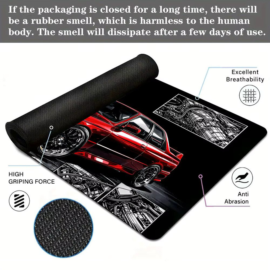 Mairuige Gaming Mauspad in Rot und Schwarz mit klassischem Performance-Auto Design, rutschfeste Schreibtischunterlage für PC und Tastatur - Bild 4