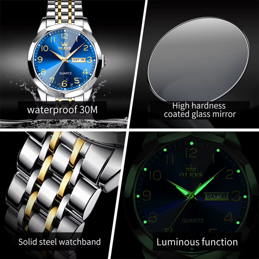 OLEVS Armbanduhr Quarz, Edelstahl, Blau, Dual-Kalenderanzeige, Herren - Bild 5