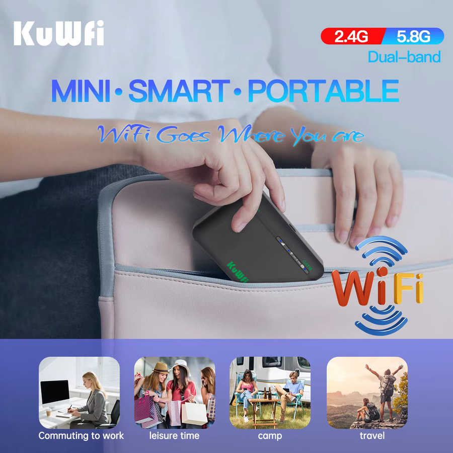 KuWFi CAT6 4G+ Mobiler Router mit 2,4G und 5G Dualband WiFi, Tragbares Reise-Modem mit 2200mAh Akku und Micro SIM-Steckplatz, Schwarz - Bild 5