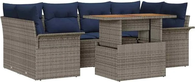 vidaXL Garten-Sofa-Set mit 7-teiliger Polstergarnitur in U-Form, Grau und Marineblau, mit Tisch und Stauraum - Bild 1