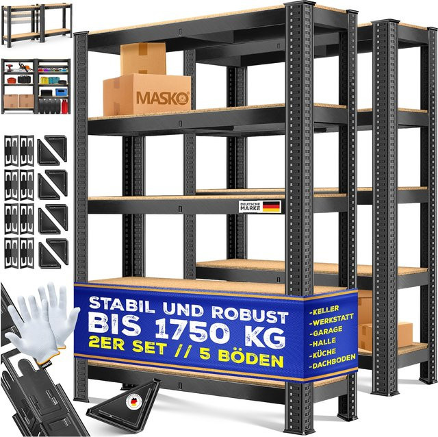 MASKO 2er-Set Schwerlastregal aus Metall mit MDF-Platten in Schwarz, verstellbare Ablagen für Werkstatt und Garage - Bild 1