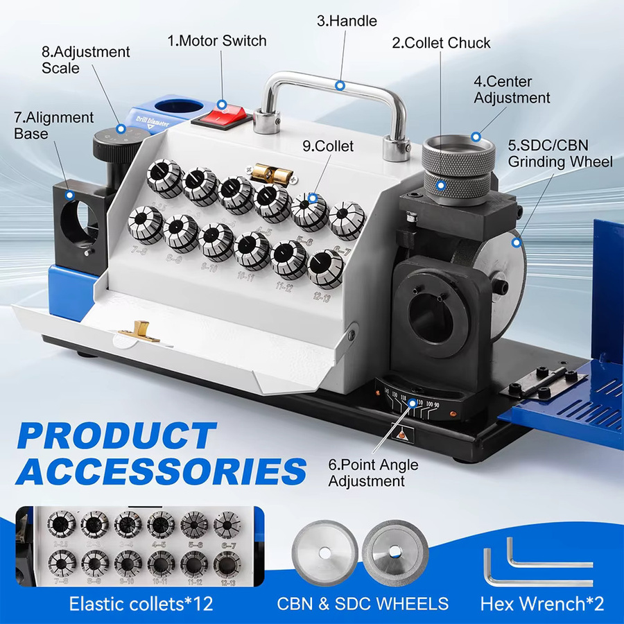 Podofo Hochpräzisions-Spiralbohrer-Schleifmaschine 220V mit automatischem Messerschleifer und Bohrerschärfer für 90-145 Grad - Bild 8