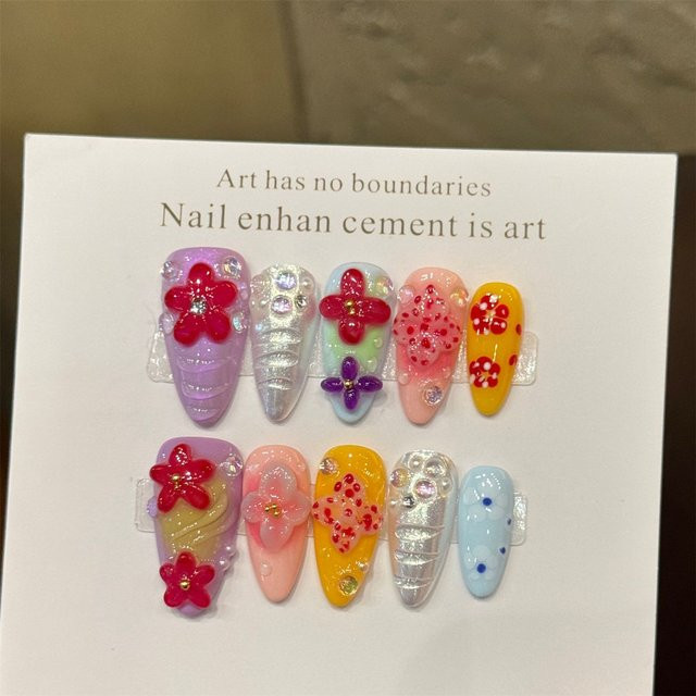 YADORNOS Kunstnägel zum Aufdrücken, Inselblumen-Dekor, Mandelform, Schimmernd - Bild 1