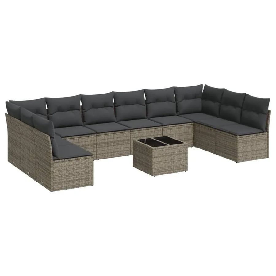vidaXL 11-tlg. Garten-Sofagarnitur in L-Form aus Polyrattan mit Kissen und Stauraum, Grau - Bild 2