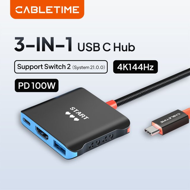 CABLETIME 3-in-1 USB-C-Hub Switch Tragbare TV-Dockingstation in Schwarz mit 4K 144Hz, PD 100W und 5 Gbps für Switch, Switch 2 und Steam Deck - Bild 1