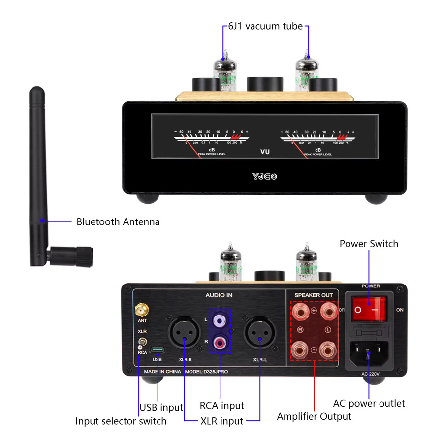 YJCO D325JPRO Audio HiFi Röhrenverstärker mit Bluetooth, TPA3255, VU-Meter und 6J1 Röhren-Vorverstärker in Schwarz - Bild 2