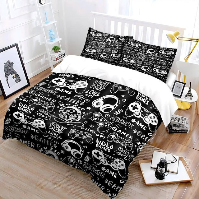 Flylo 3-teiliges Bettwäsche-Set mit Gaming-Doodle-Design für Kinder, Schwarz, B/H: 173 x 218 cm - Bild 1