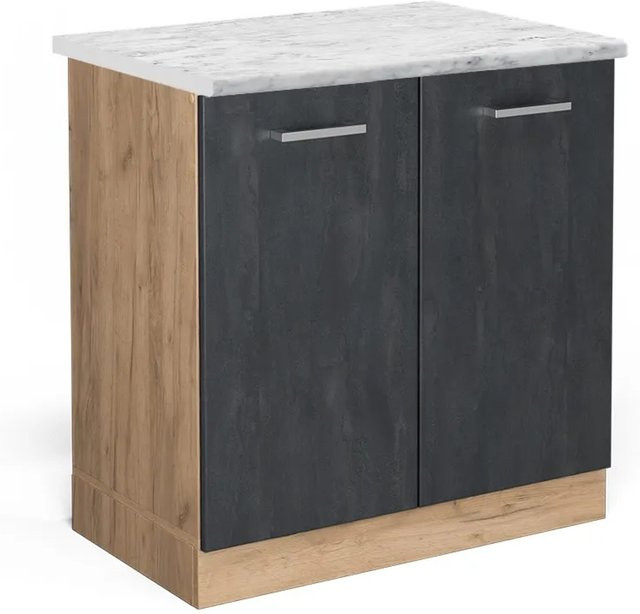 Vicco Spülenunterschrank R-Line in Schwarz Beton und Goldkraft Eiche mit Marmor-Optik, Breite: 80 cm - Bild 1