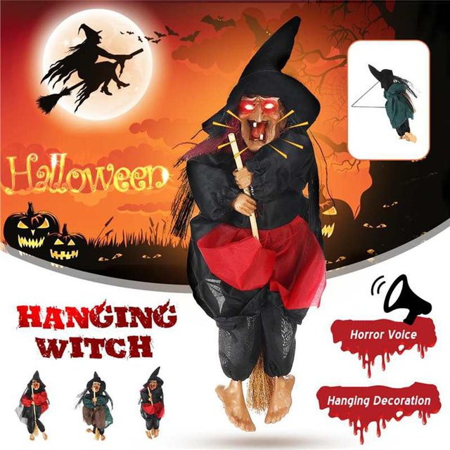 Fishine Halloween Hängende Hexenpuppe mit Sprachsteuerung, Animierter Gruselgeist auf Besen, Wandbehang in Grün und Schwarz - Bild 1