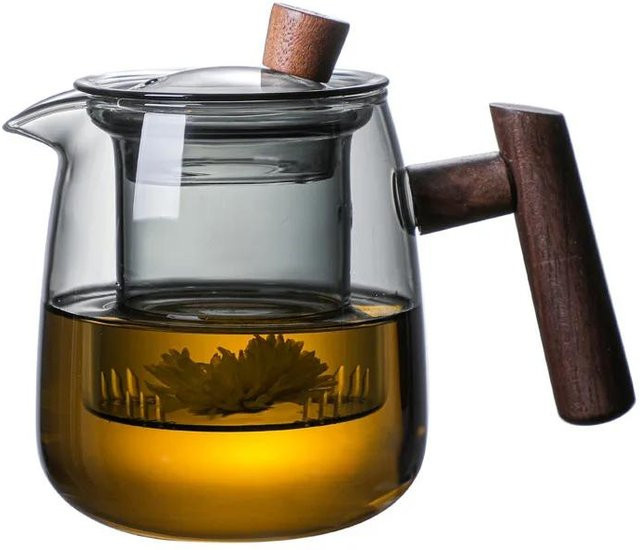 Glasteekanne mit Holzgriff und Filter von Yiran Furniture, transparentes Teegeschirr-Set in Grau - Bild 1