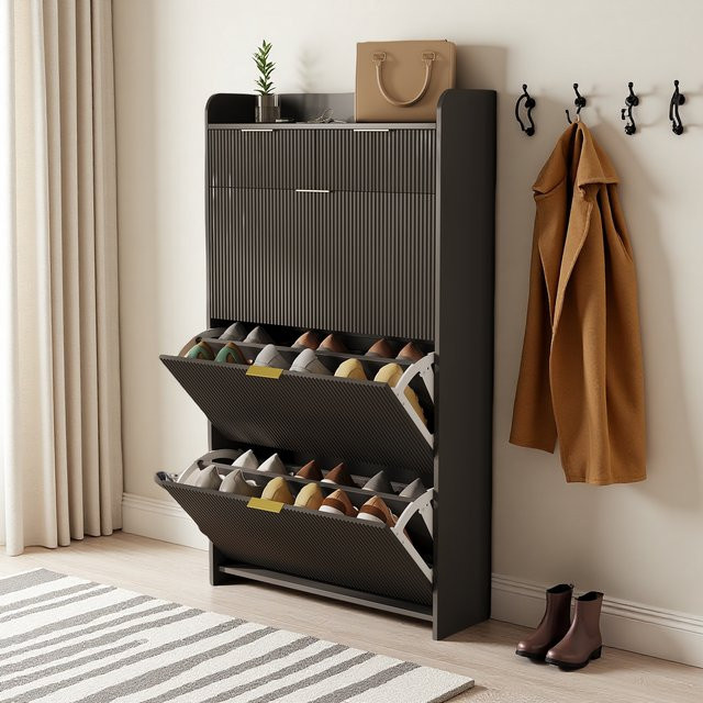 Superaly Schuhschrank aus Holz in Schwarz mit Klappschubladen und Schublade für schmale Eingangsbereiche - Bild 1