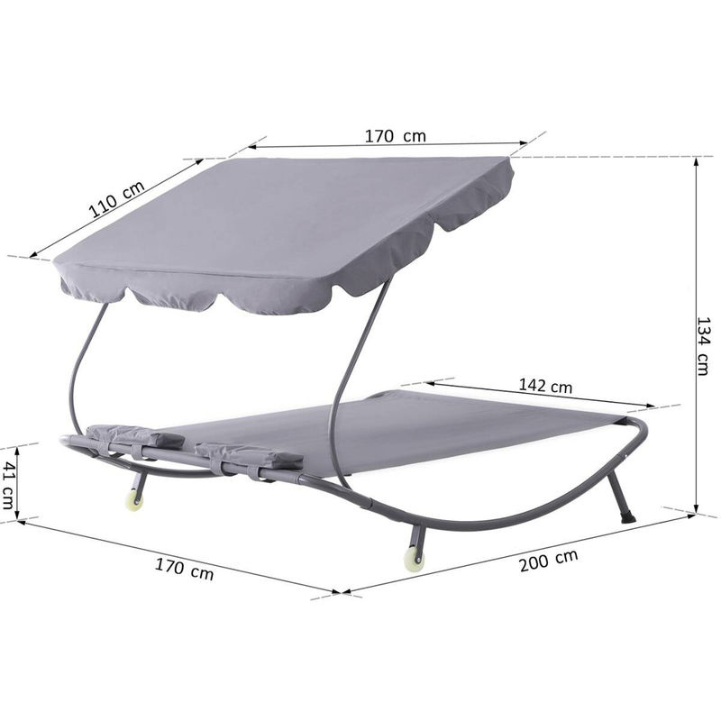 Outsunny Doppelliege Grau aus Stahl mit Sonnenverdeck und Textilene-Bezug, B/H/L: 175 x 134 x 200 cm - Bild 4