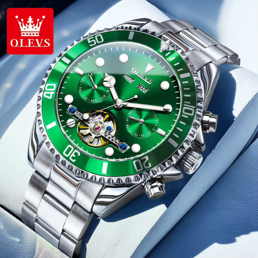 OLEVS Armbanduhr Automatik, Edelstahl, Grün, Gold, Herren - Bild 3