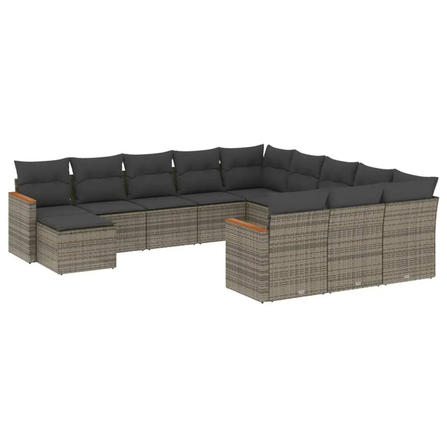 vidaXL 12-tlg Garten-Sofagarnitur in L-Form aus grauem Poly-Rattan mit Kissen und Ottoman, Modell 35 - Bild 2