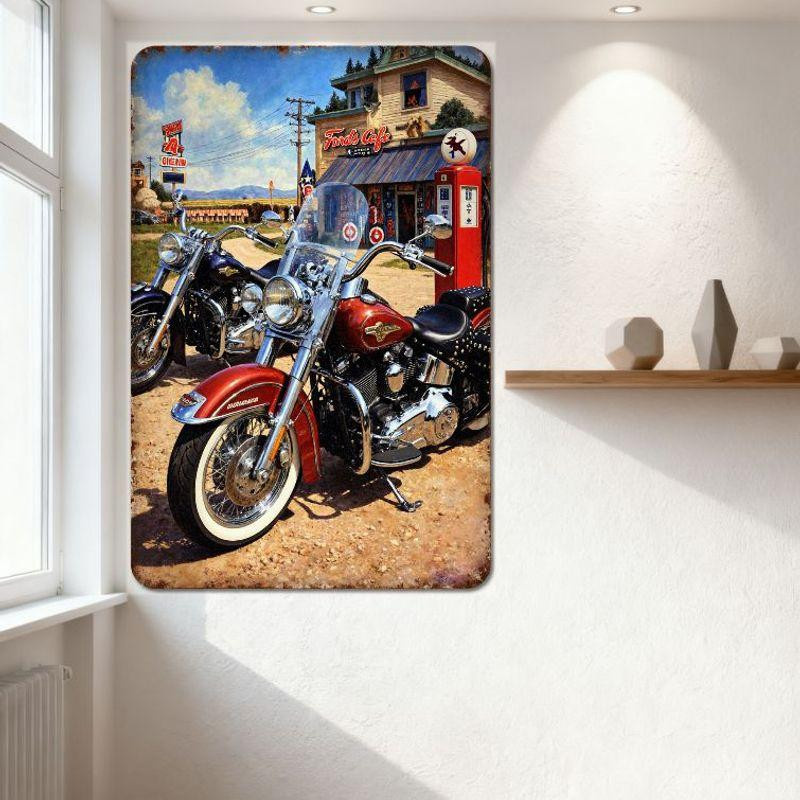 ZX ART Vintage Route 66 Retro Motorräder Ford's Cafe Metallblechschild in Multicolour, B: 30 cm, H: 20 cm - Bild 3