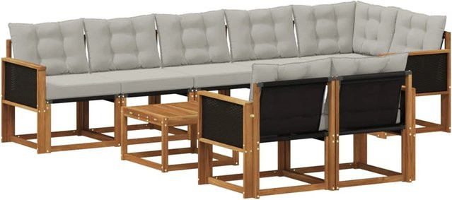 vidaXL Outdoor-Sofagarnitur L-Shape aus massivem Akazienholz mit 9 Textilene-Kissen in Grau und Natur - Bild 1