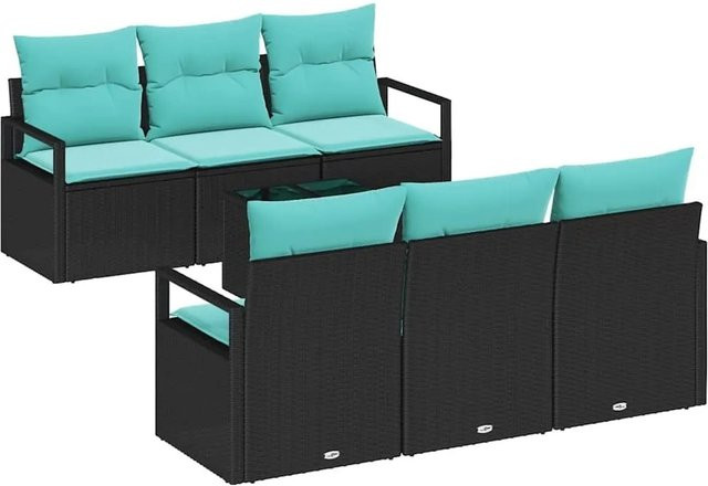 vidaXL 7-teiliges Lounge-Sofa Set aus Poly Rattan mit Kissen in Schwarz und Türkis - Bild 1