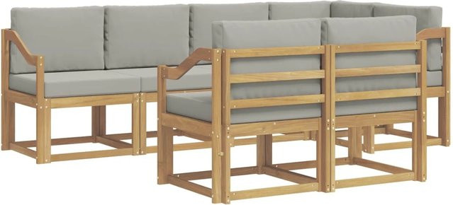 vidaXL Outdoor-Sofagarnitur in L-Form aus massivem Akazienholz mit Kissen, 7-teilig, Weiß-Hellgrau - Bild 1