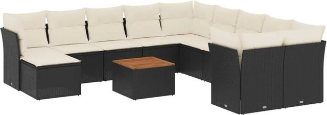 vidaXL 12-tlg. Garten-Sofagarnitur aus Poly-Rattan und Akazienholz mit Kissen, Schwarz - Bild 1
