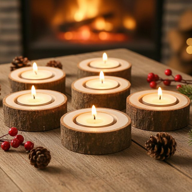 Leeseph 6er-Pack dekorative Teelichthalter aus Holz in Braun im Vintage-Stil für Tischdekoration und Hochzeiten - Bild 1