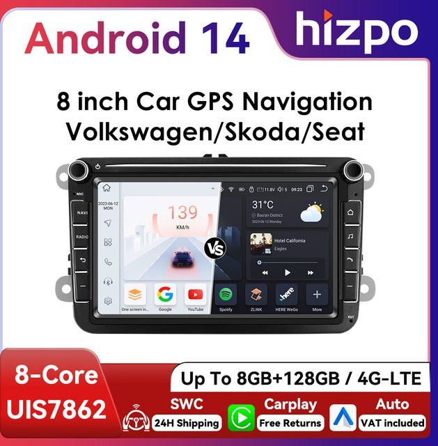 Hizpo Android Autoradio 8 Zoll 2Din für VW Skoda Volkswagen mit Bluetooth, WiFi, GPS, 4G, CarPlay und DSP-Navigation in Schwarz - Bild 1