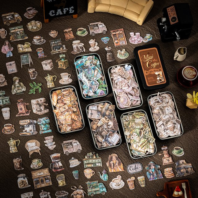 JIANQI 50 Stück Kaffee Thema Aufkleber Set für Junk Journal und Scrapbooking DIY Deko in Multicolour - Bild 1