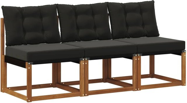 vidaXL 3er Set Outdoor Mittelsofa aus Akazienholz mit Textilene und Sitzkissen, Schwarz - Bild 1