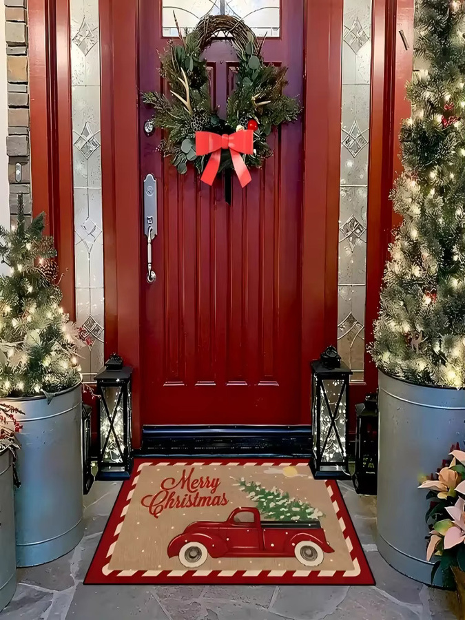 VIKAMA Weihnachtliche Bodenmatte mit rotem LKW-Aufdruck, rutschfester und wasserabsorbierender Teppich für Flur und Badezimmer, rot/mehrfarbig, 40 x 40 x 40 cm - Bild 2
