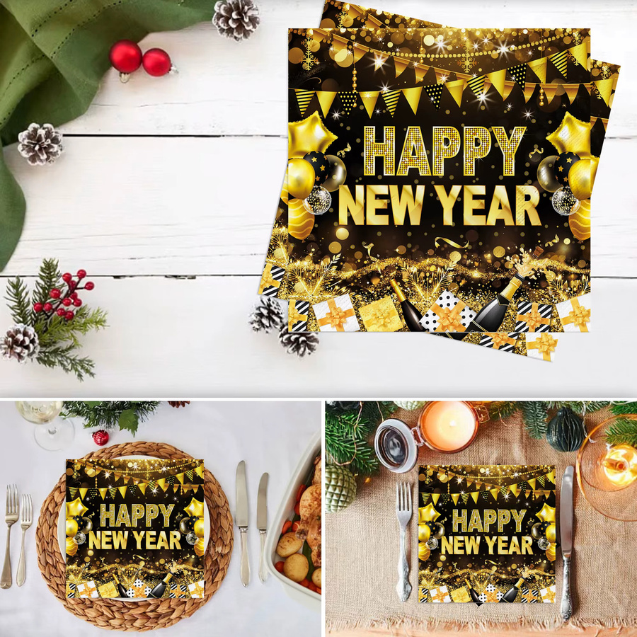 Schwarzgoldene Papierservietten Frohes Neues Jahr für deine Silvesterparty, 33 x 33 cm - Bild 5
