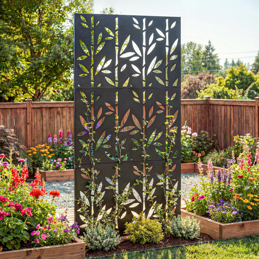 Outsunny Dekorativer Sichtschutz für Außen, Garten-Claustra mit 3 Paneelen und Bambusmuster aus Metall, Schwarz, B/T/H: 92 x 40 x 192 cm - Bild 2