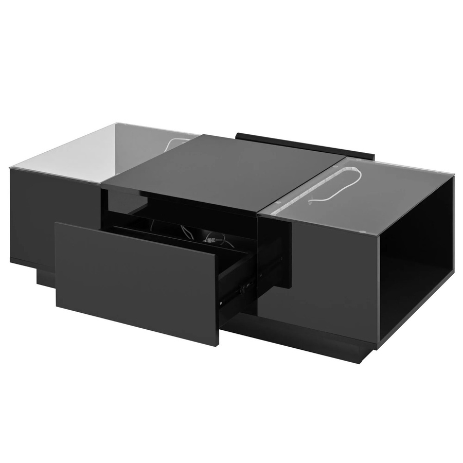 okwish Couchtisch mit LED und Glasplatte in Schwarz, Wohnzimmertisch mit 2 Schubladen, B: 105 cm, T: 50 cm, H: 35 cm - Bild 2