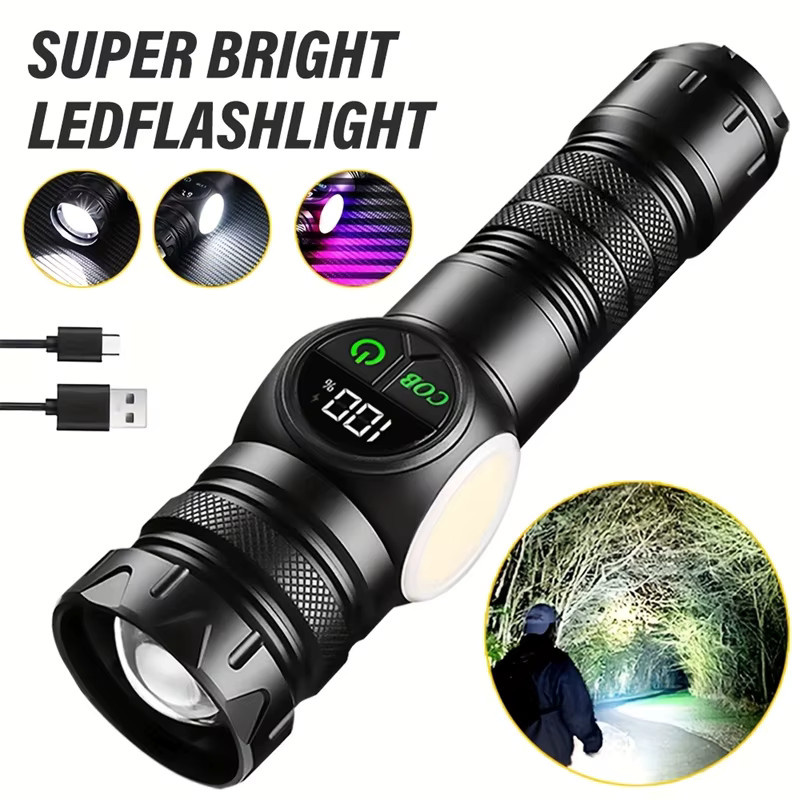 Mikenoon Taktische LED Taschenlampe mit USB-Aufladung, Magnet und COB-Seitenlicht, Schwarz - Bild 1