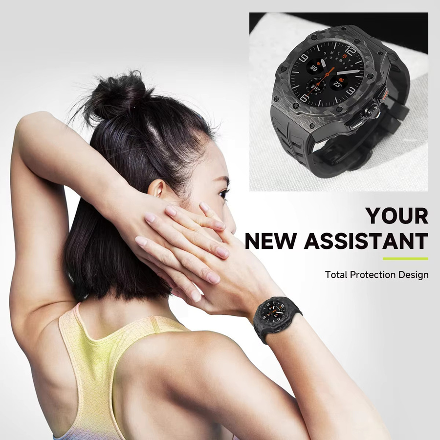 CAOWTAN Carbon-Faser Modifikationskit für Samsung Galaxy Watch Ultra 2025 mit Carbon-Gehäuse und Gummiarmband in Schwarz - Bild 5