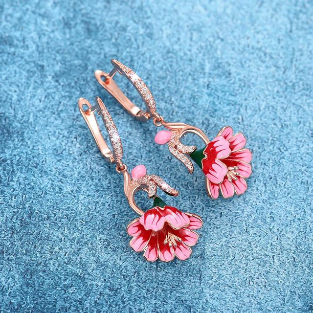 Yiran Jewelry Ohrringe, Rosa Blume, Emaille, Zirkonia, Messing, Roségold, Damen - Bild 1