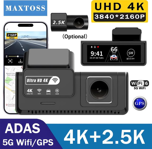 Maxtoss Dashcam mit Dual-Objektiv in Schwarz: 4K+2.5K Aufnahme, WLAN, GPS, DVR, Nachtsicht und 24H Parküberwachung - Bild 1