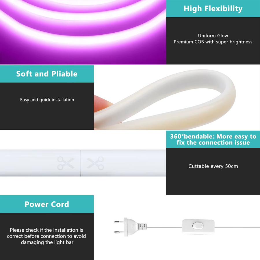 KISUFU COB LED Neonstreifen RGB Multicolour, wasserdichter flexibler LED-Streifen mit EIN/AUS-Schalter, 230V AC, weißes Silikongehäuse - Bild 4