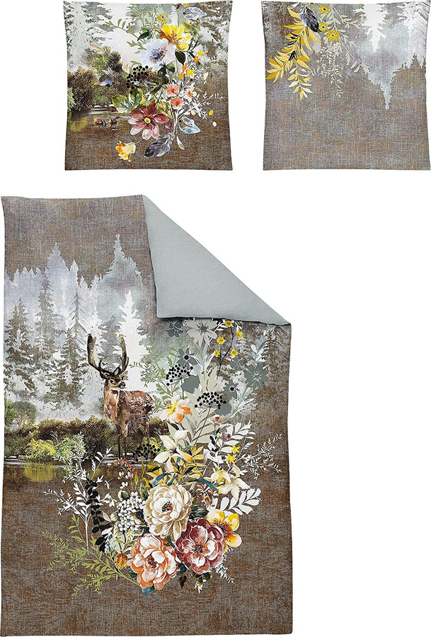 Irisette Flausch Cotton Bettwäsche Franzl Hirsch Rosen Wald Wende Design, Multicolor, B/H: 155 x 220 cm mit Kissenbezug 80 x 80 cm - Bild 1