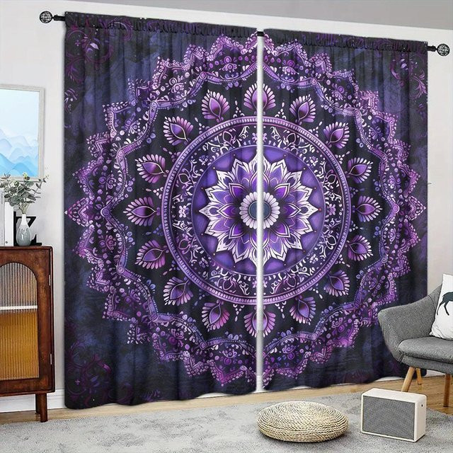 2er-Set Mandala Vorhang in Lila und Schwarz, halbtransparentes Fensterdekor aus Polyester mit Stangentasche, Breite: 75 cm, Höhe: 165 cm - Bild 1