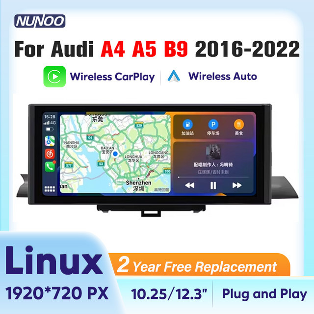 Nunoo Linux Wireless CarPlay und Android Auto Multimedia Autoradio mit GPS und Wi-Fi für Audi A4 A5 B9 2016-2022, 12,3 Zoll, Schwarz - Bild 1