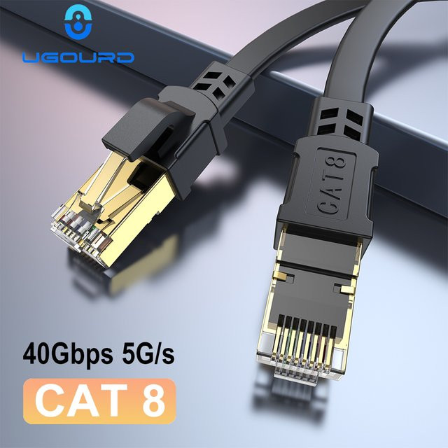 UGOURD CAT 8 Ethernet-Kabel flach mit RJ45 Anschluss für Modem, Router und PS5, Schwarz - Bild 1