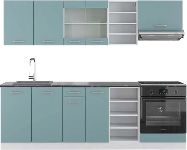 Vicco R-Line Küchenzeile Blau-Grau/Weiß, Breite: 240 cm, freistehend - Bild 1