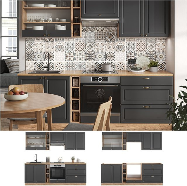 Vicco Küchenzeile Fame-Line Landhausstil Eiche Anthrazit mit Gold-Akzenten Breite: 235 cm - Bild 1